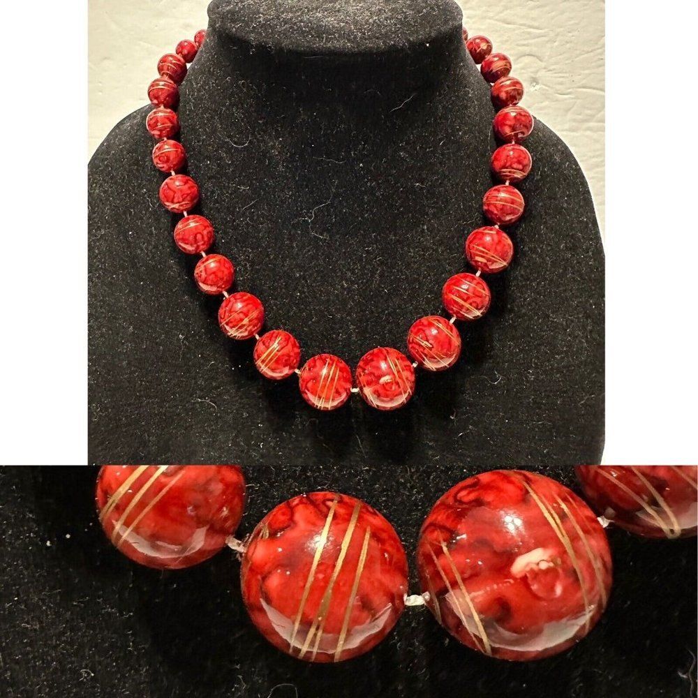 80s Gold Painted Graduating Beaded Necklace 18” Statement
